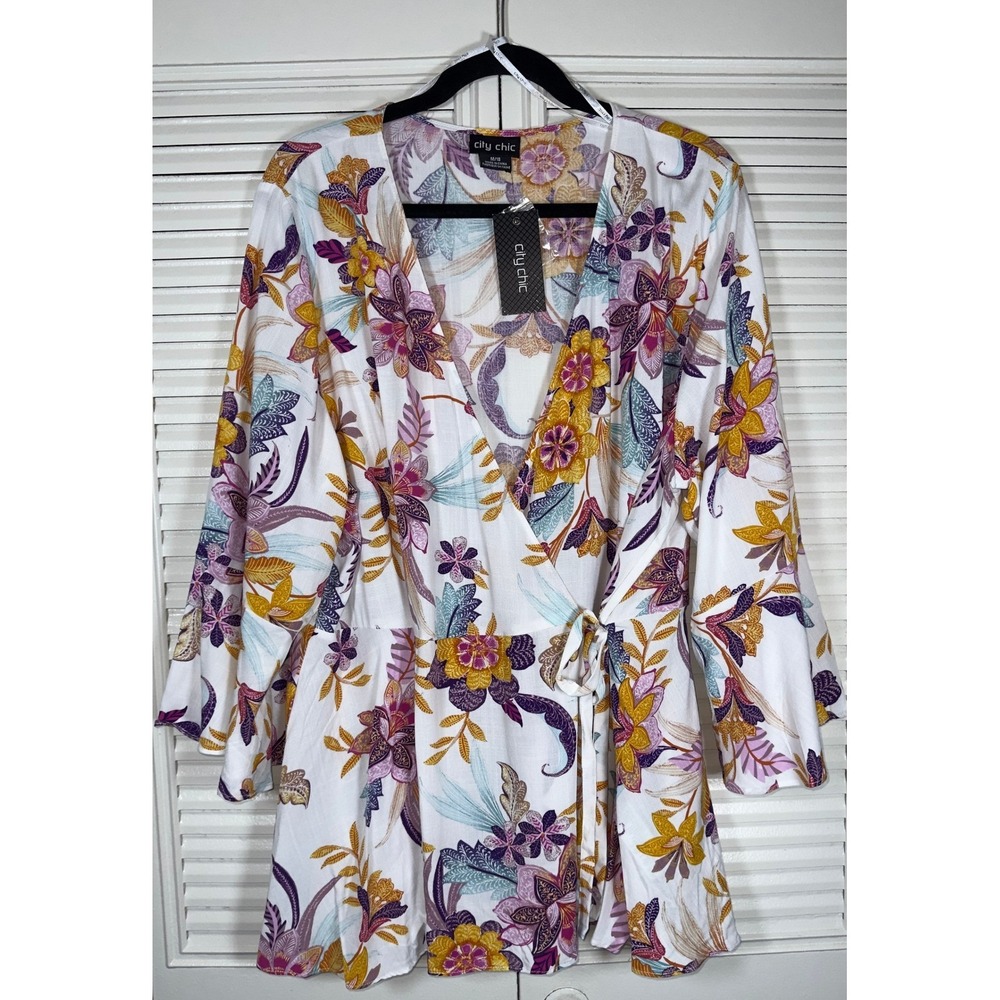 City Chic Plus Size Island‎ Print Peplum Elbow Flared Sleeve Wrap Top Size M/18